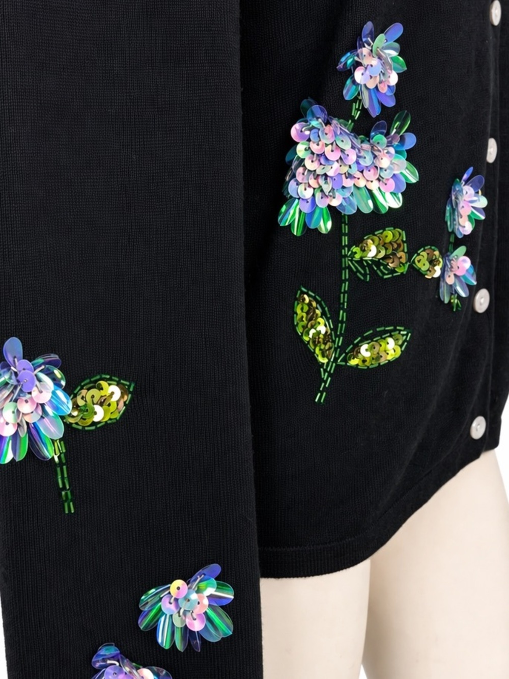 Vintage Quacker Factory XL Black Sequin Floral Cardigan Sweater Embellished - Picture 5 of 8